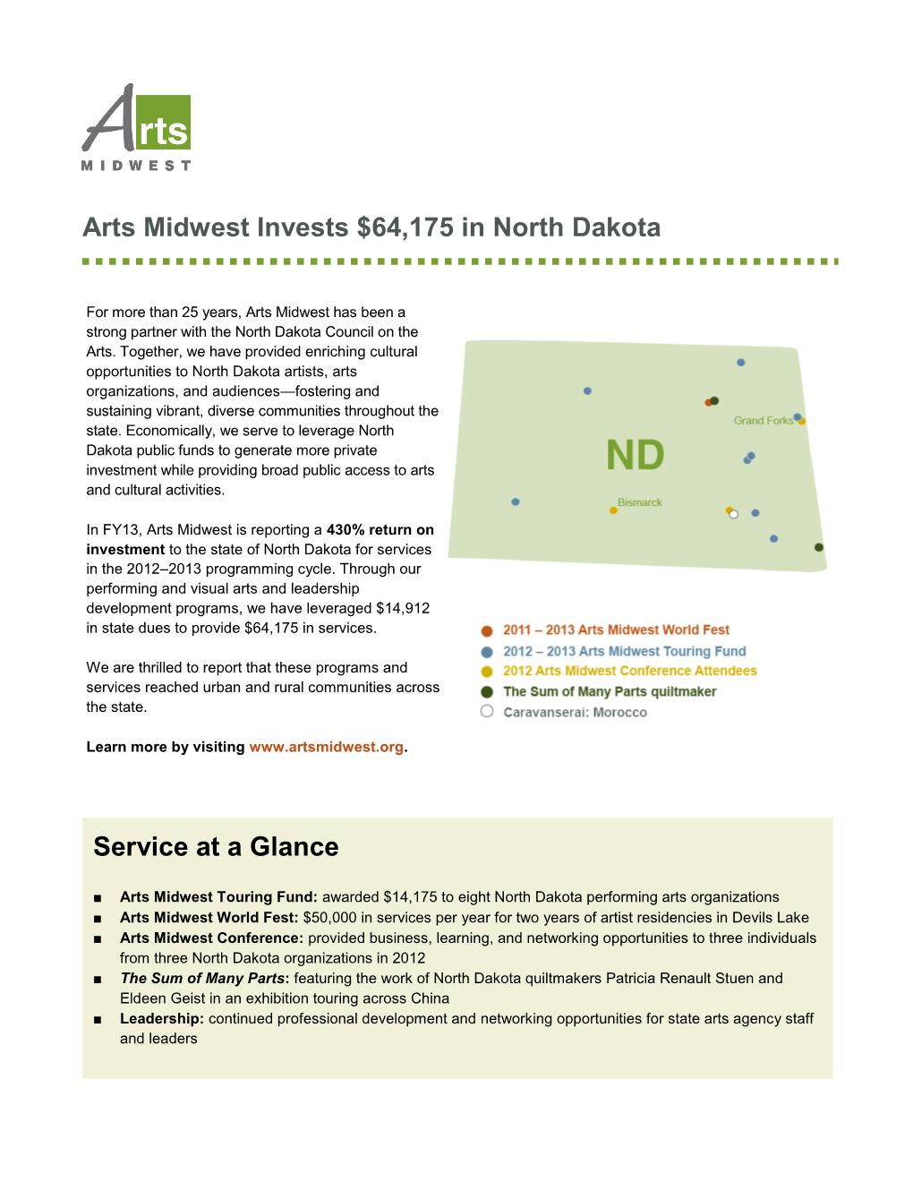 Arts Midwest Invests $64,175 in North Dakota Service at a Glance