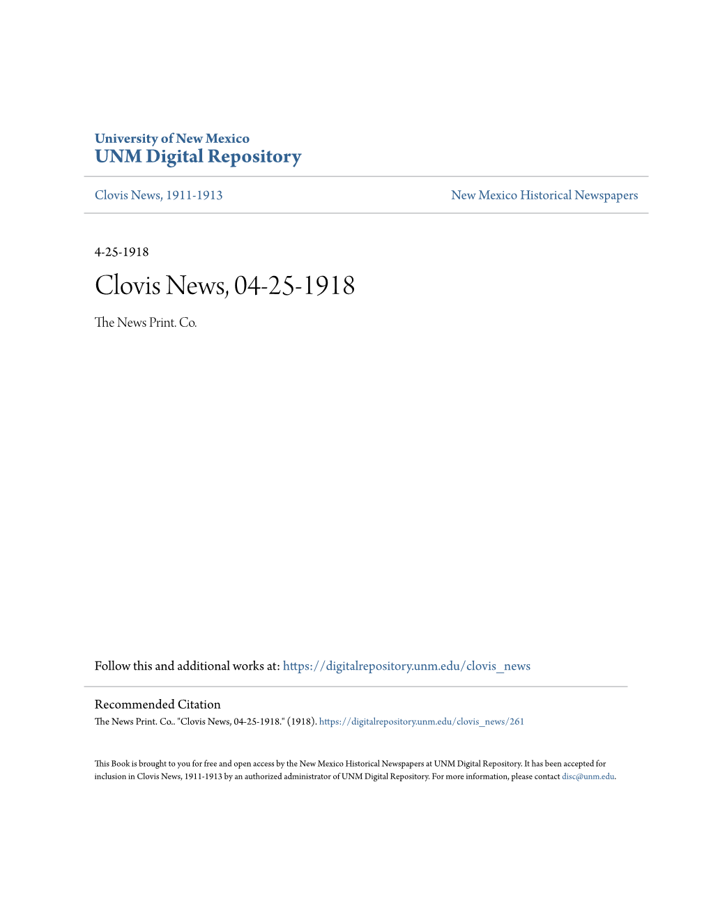 Clovis News, 04-25-1918 the Ewn S Print