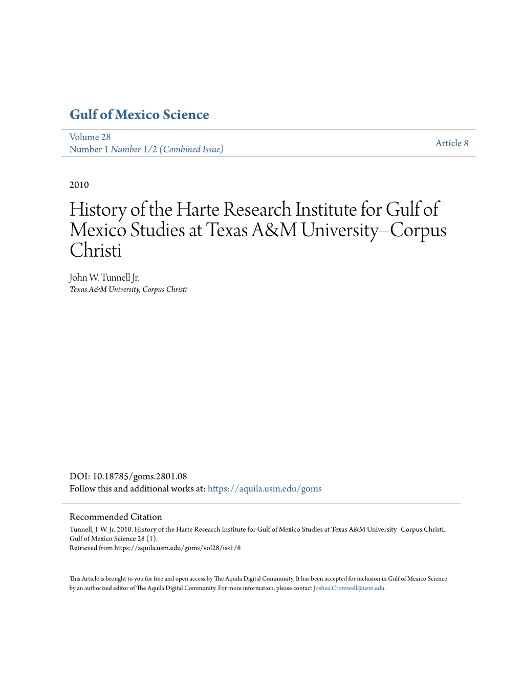 History of the Harte Research Institute for Gulf of Mexico Studies at Texas A&M University–Corpus Christi John W