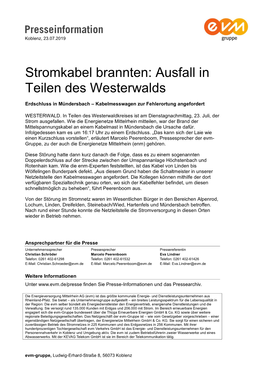 Stromkabel Brannten: Ausfall in Teilen Des Westerwalds