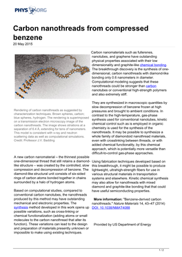 Carbon Nanothreads from Compressed Benzene 20 May 2015