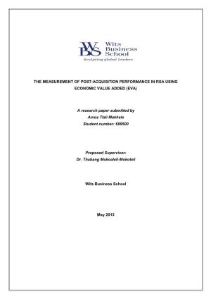 The Measurement of Post-Acquisition Performance in Rsa Using Economic Value Added (Eva)