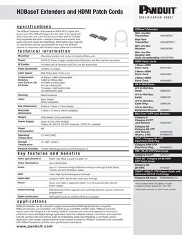 Hdbaset Extenders and HDMI Patch Cords SPECIFICATION SHEET