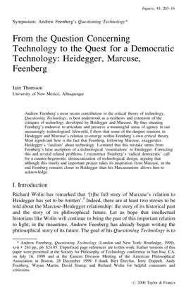 Heidegger, Marcuse, Feenberg