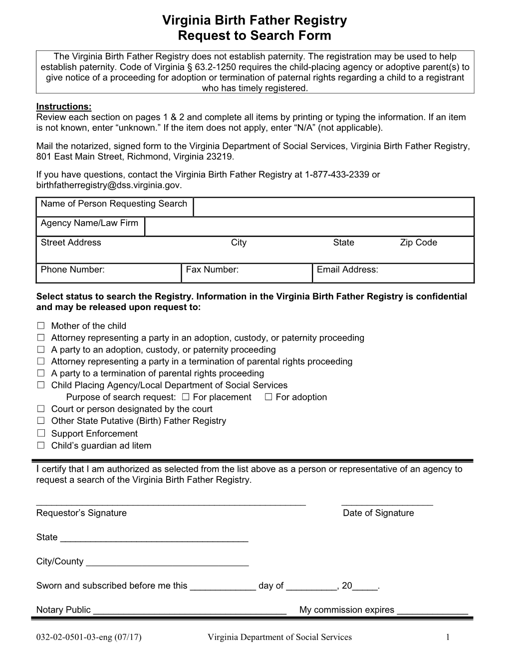 Virginia Birth Father Registry Request to Search Form the Virginia Birth Father Registry Does Not Establish Paternity