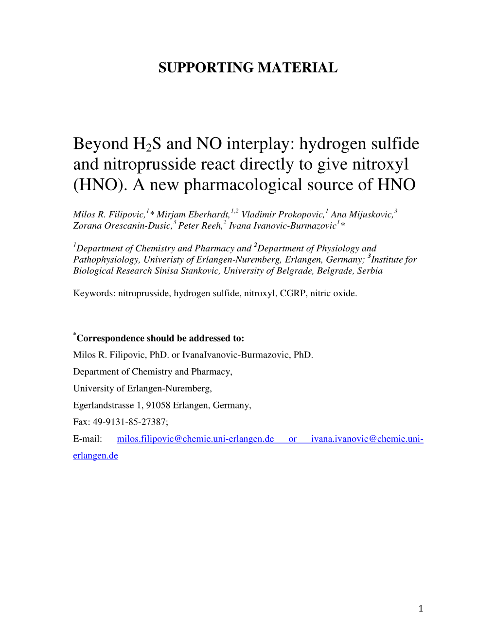 Hydrogen Sulfide and Nitroprusside React Directly to Give Nitroxyl (HNO)