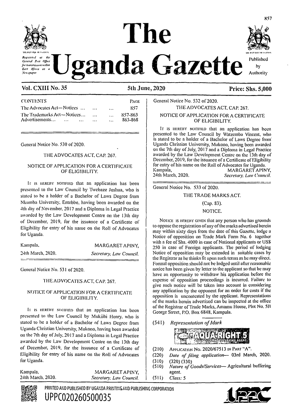 Uganda Gazette Published