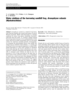 Water Relations of the Burrowing Sandhill Frog, Arenophryne Rotunda (Myobatrachidae)