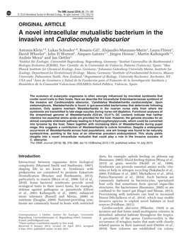 ORIGINAL ARTICLE a Novel Intracellular Mutualistic Bacterium in the Invasive Ant Cardiocondyla Obscurior