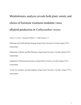 Metabolomics Analysis Reveals Both Plant Variety and Choice of Hormone Treatment Modulate Vinca Alkaloid Production in Catharanthus Roseus