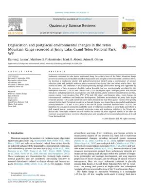 Deglaciation and Postglacial Environmental Changes in the Teton Mountain Range Recorded at Jenny Lake, Grand Teton National Park, WY
