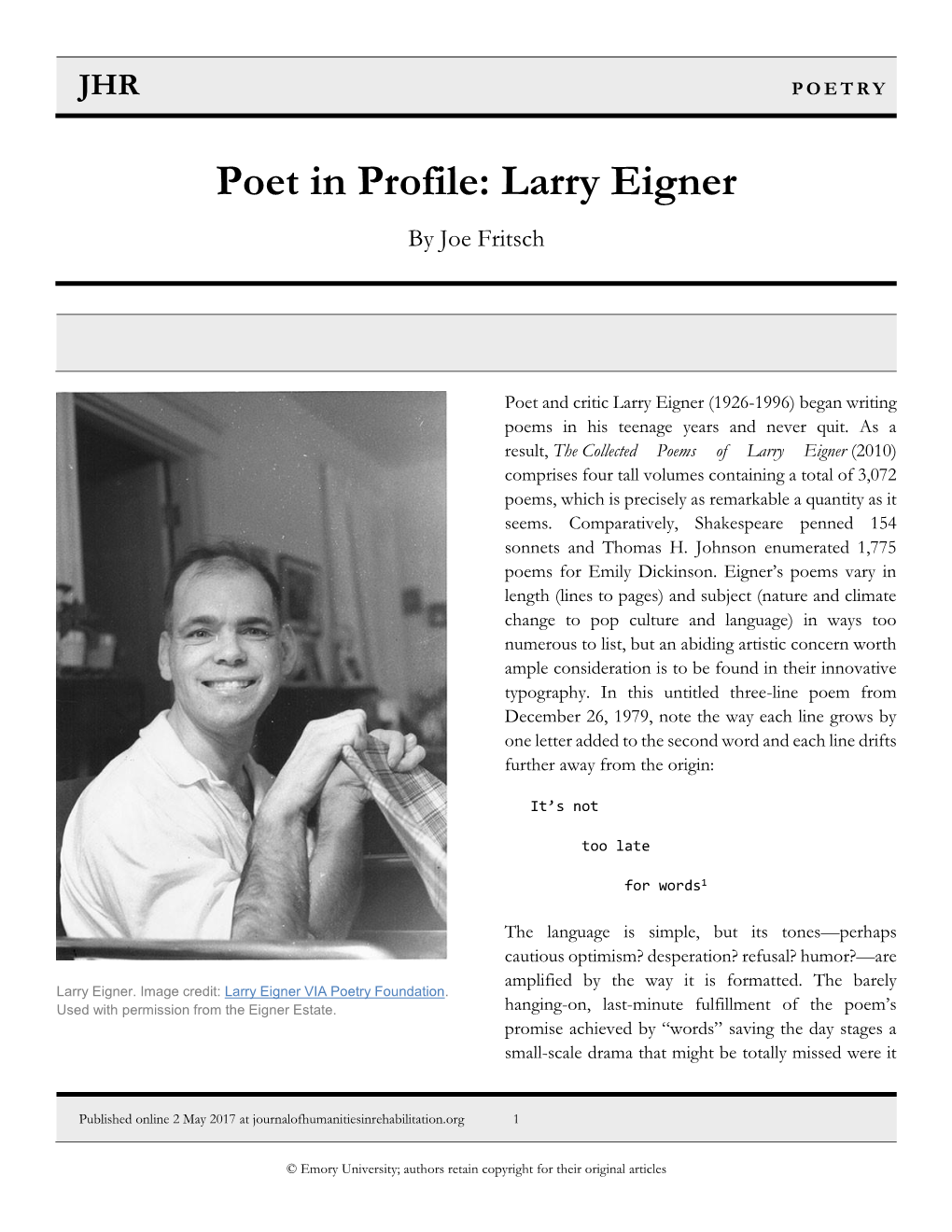 Poet in Profile: Larry Eigner by Joe Fritsch
