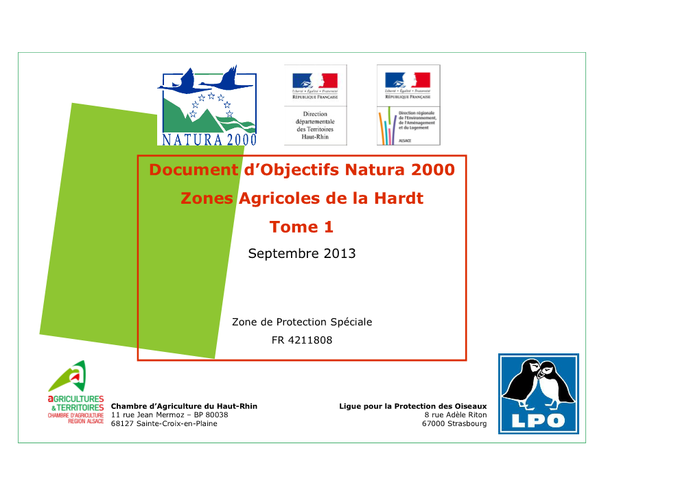 Document D'objectifs Natura 2000 Zones Agricoles De La Hardt Tome 1