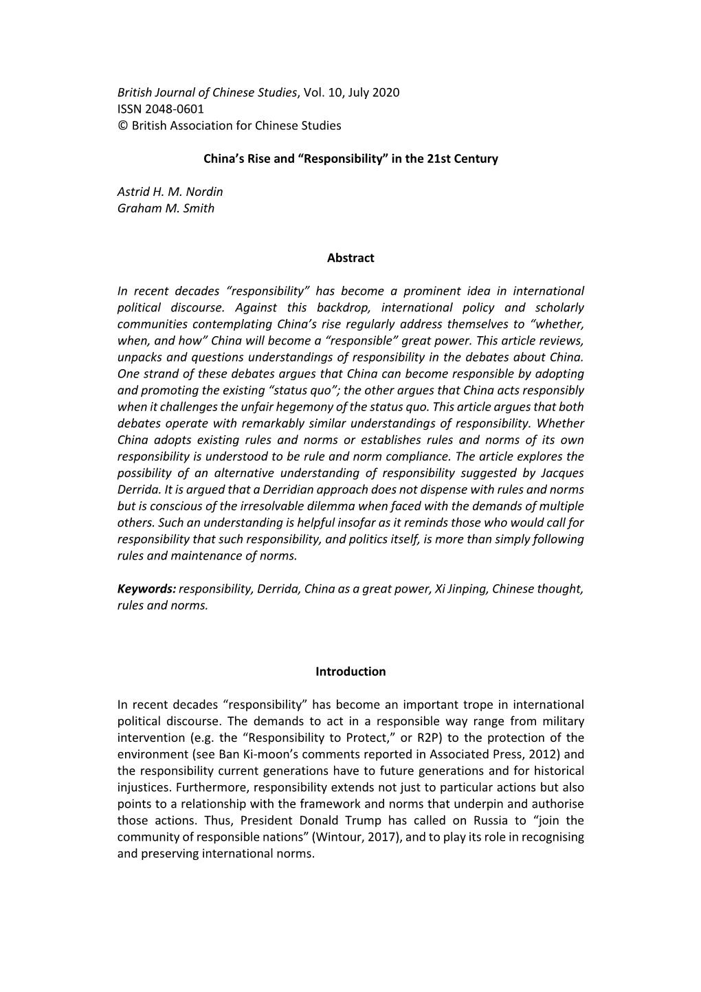 British Journal of Chinese Studies, Vol. 10, July 2020 ISSN 2048-0601 © British Association for Chinese Studies