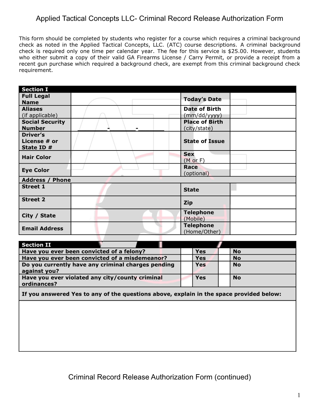 Criminal Record Release Authorization Form (Continued)