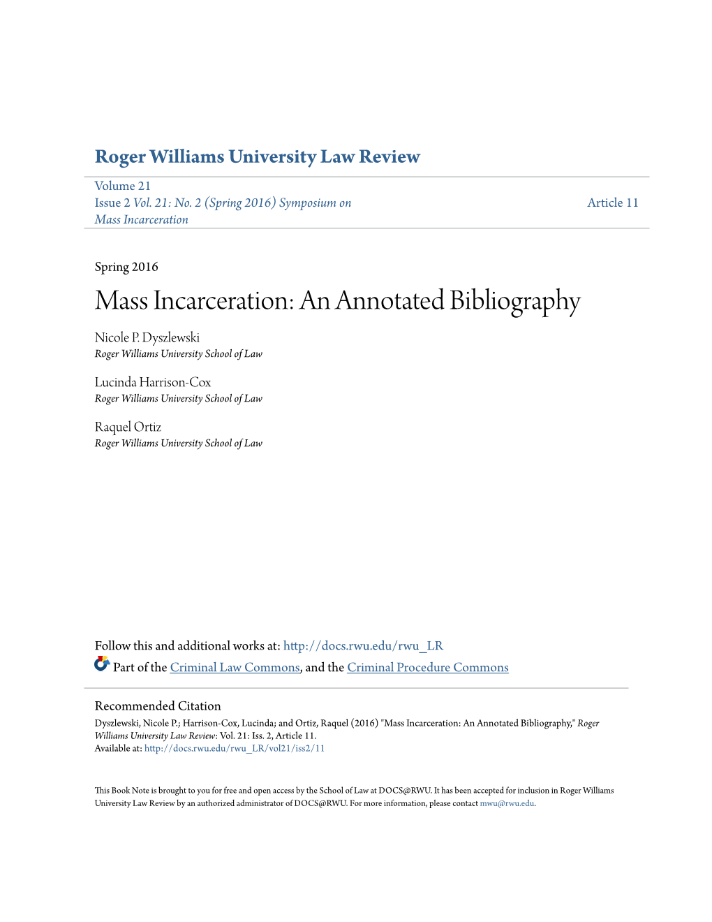 Mass Incarceration: an Annotated Bibliography Nicole P