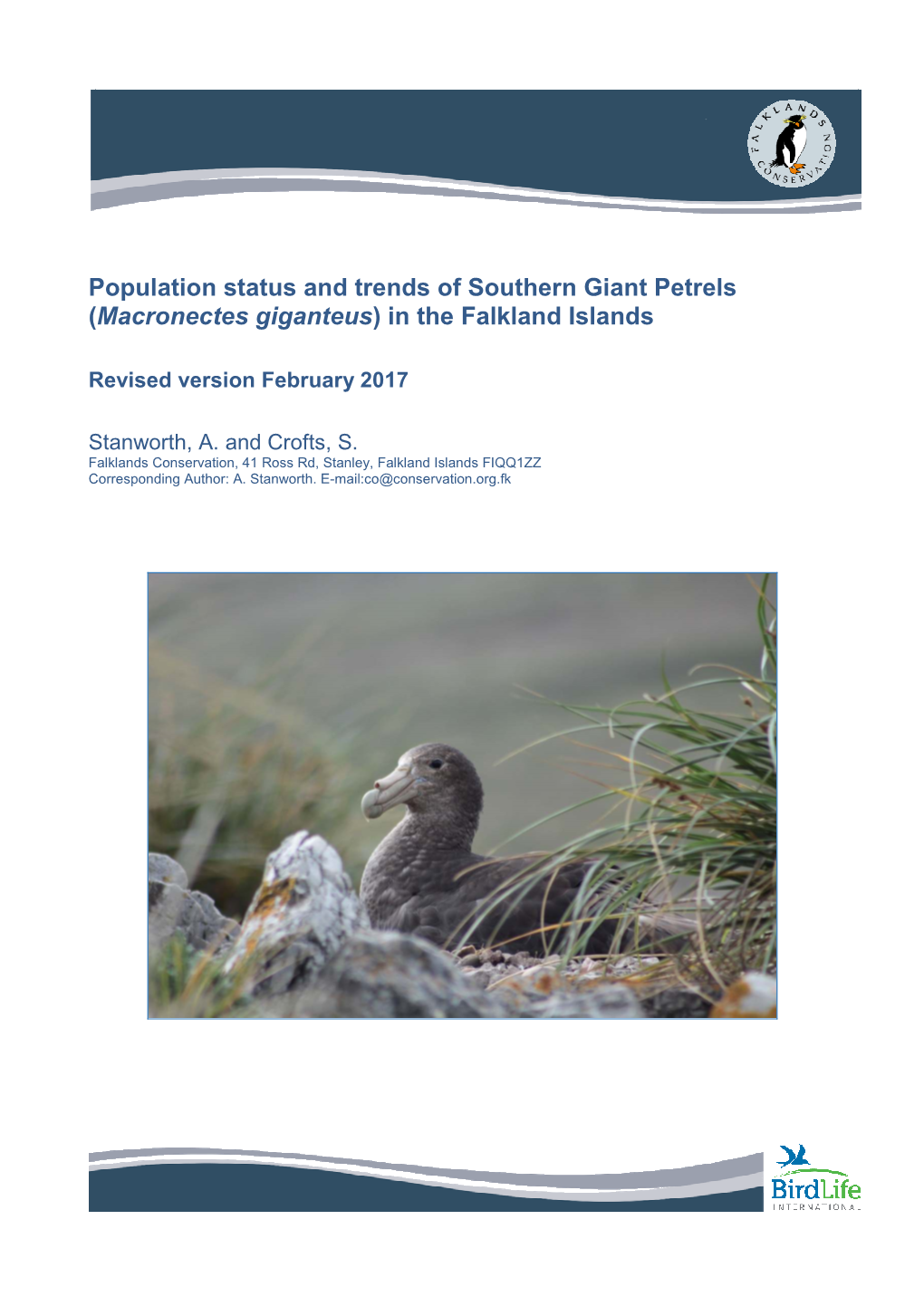 Population Status and Trends of Southern Giant Petrels (Macronectes Giganteus ) in the Falkland Islands