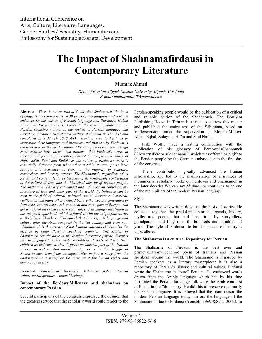 The Impact of Shahnamafirdausi in Contemporary Literature