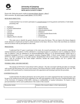 University of Campinas Department of Medical Genetics RESEARCH CONSENT FORM