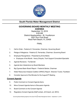 South Florida Water Management District GOVERNING BOARD MONTHLY MEETING AGENDA