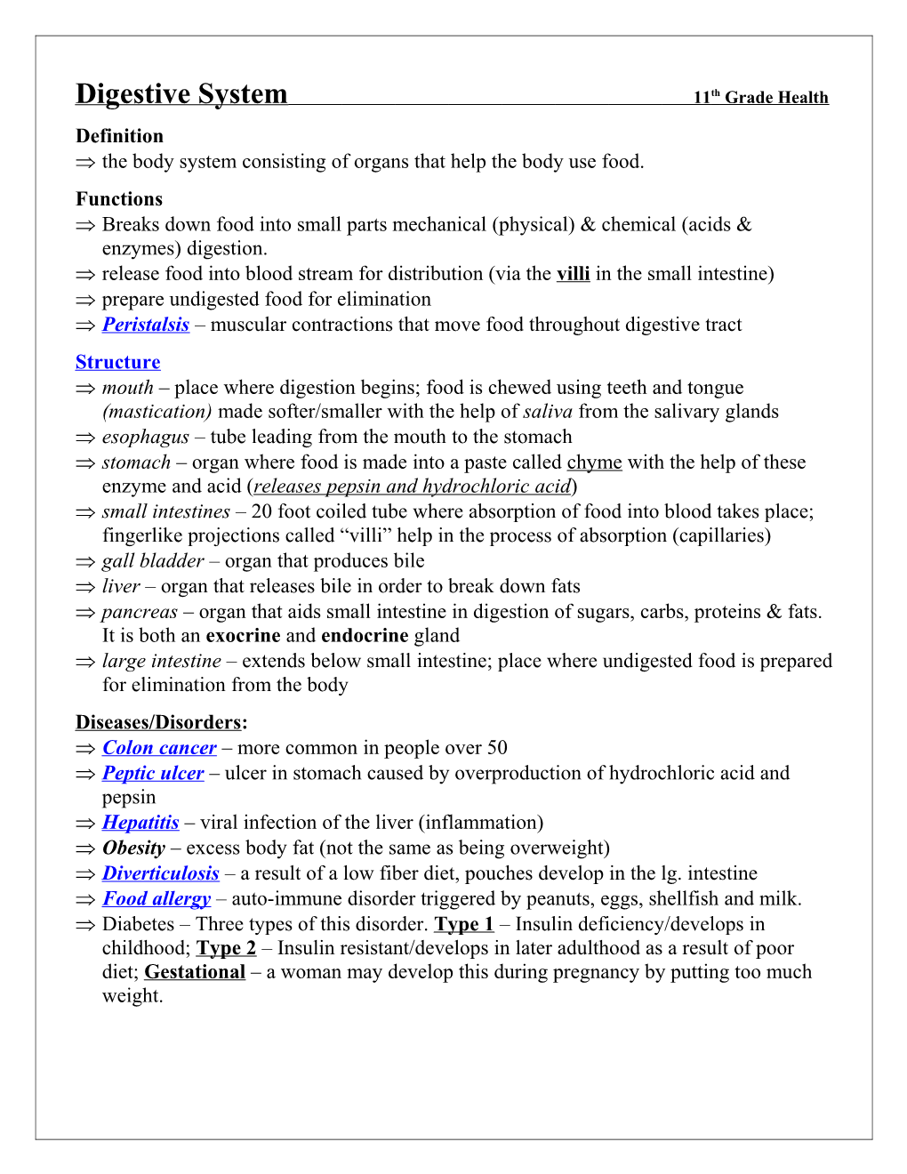 Digestive System 11Th Grade Health