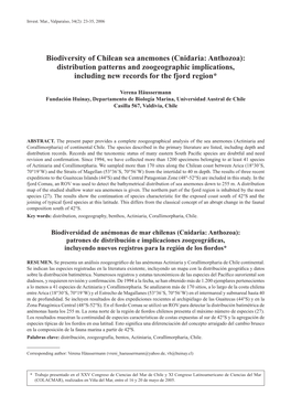 Biodiversity of Chilean Sea Anemones (Cnidaria: Anthozoa): Distribution Patterns and Zoogeographic Implications, Including New Records for the Fjord Region*