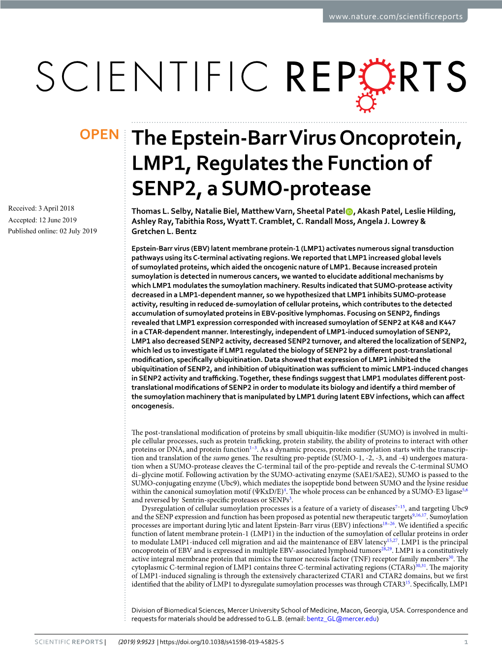 The Epstein-Barr Virus Oncoprotein, LMP1, Regulates the Function of SENP2, a SUMO-Protease Received: 3 April 2018 Thomas L