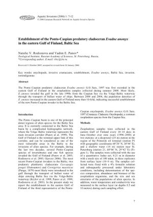 Establishment of the Ponto-Caspian Predatory Cladoceran Evadne Anonyx in the Eastern Gulf of Finland, Baltic Sea