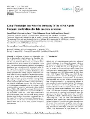 Long-Wavelength Late-Miocene Thrusting in the North Alpine Foreland: Implications for Late Orogenic Processes
