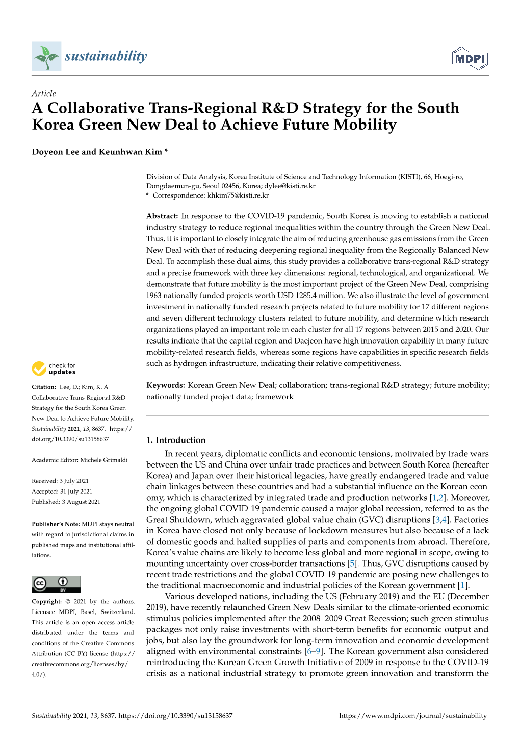 A Collaborative Trans-Regional R&D Strategy for the South Korea Green New Deal to Achieve Future Mobility