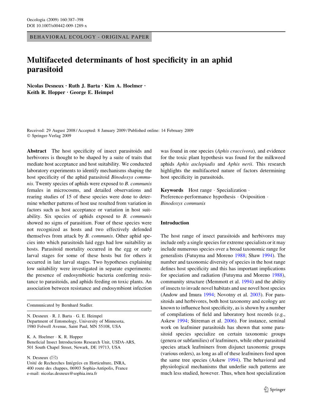 Multifaceted Determinants of Host Specificity in an Aphid Parasitoid