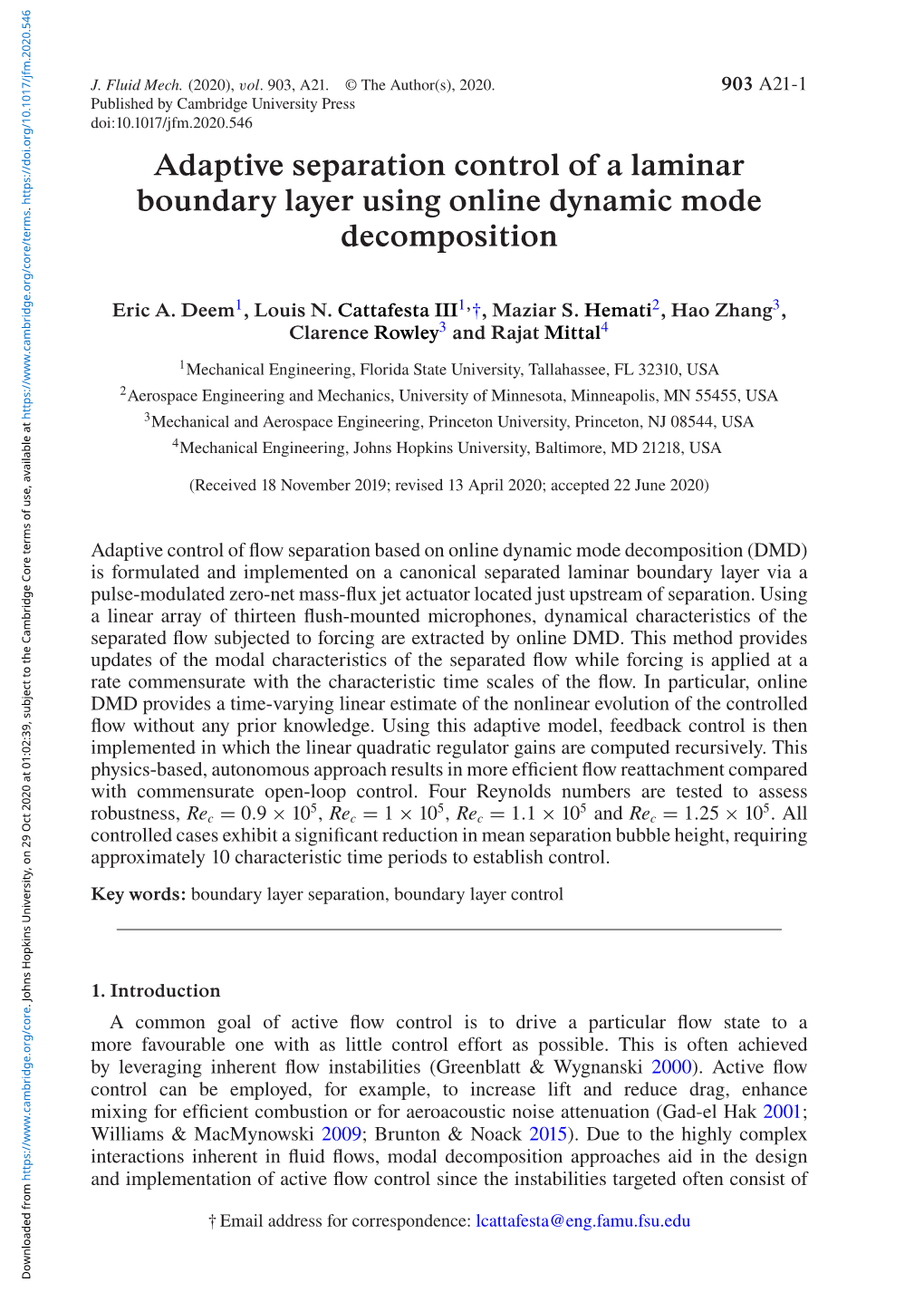 Adaptive Separation Control of a Laminar Boundary Layer Using