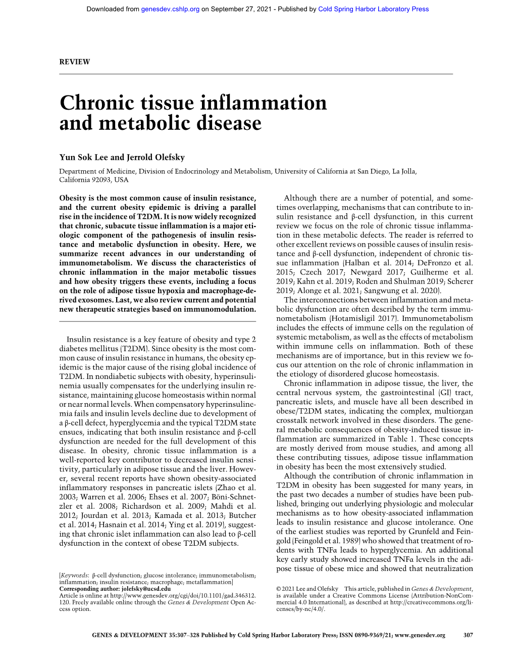Chronic Tissue Inflammation and Metabolic Disease