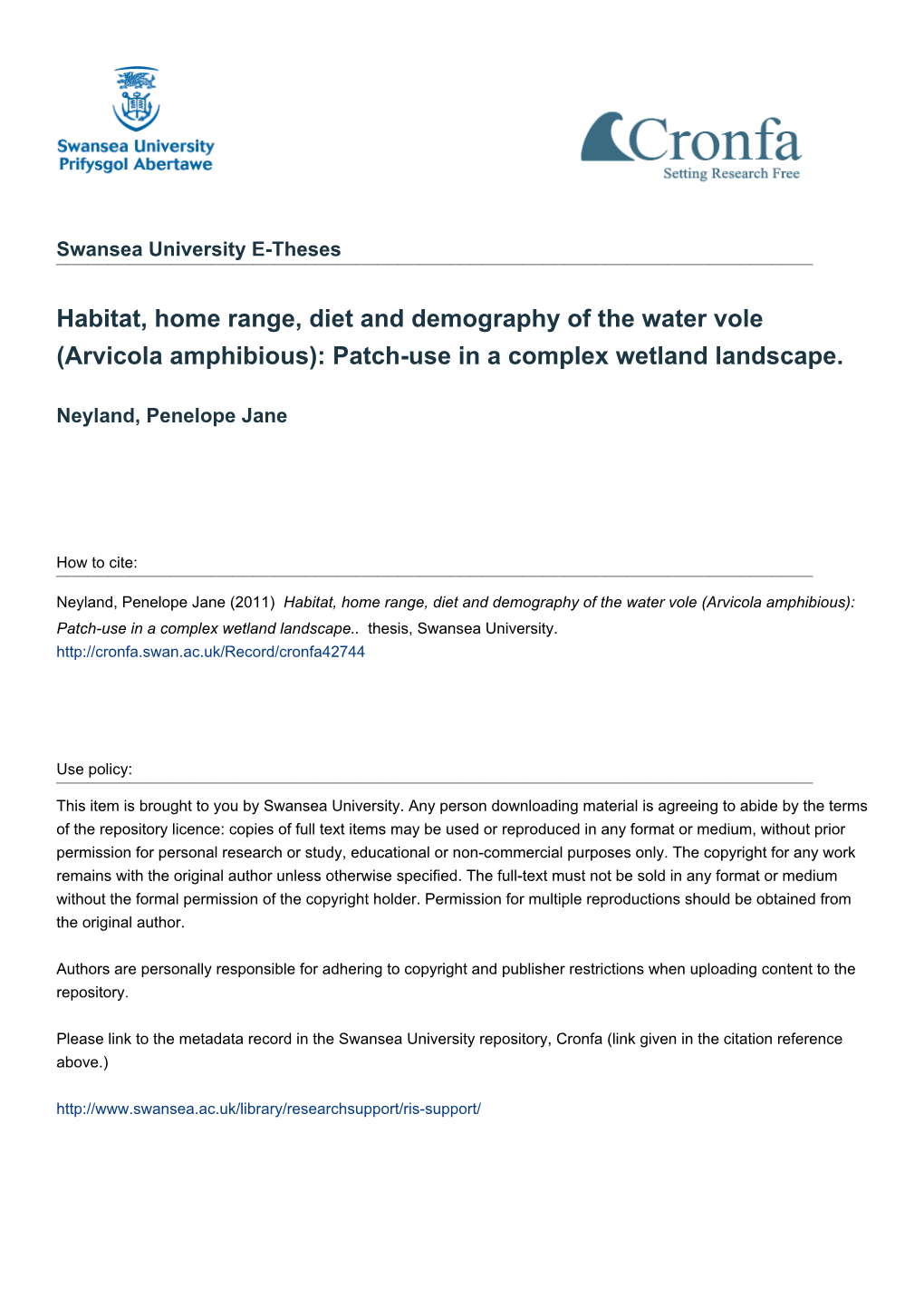 Habitat, Home Range, Diet and Demography of the Water Vole (Arvicola Amphibious): Patch-Use in a Complex Wetland Landscape