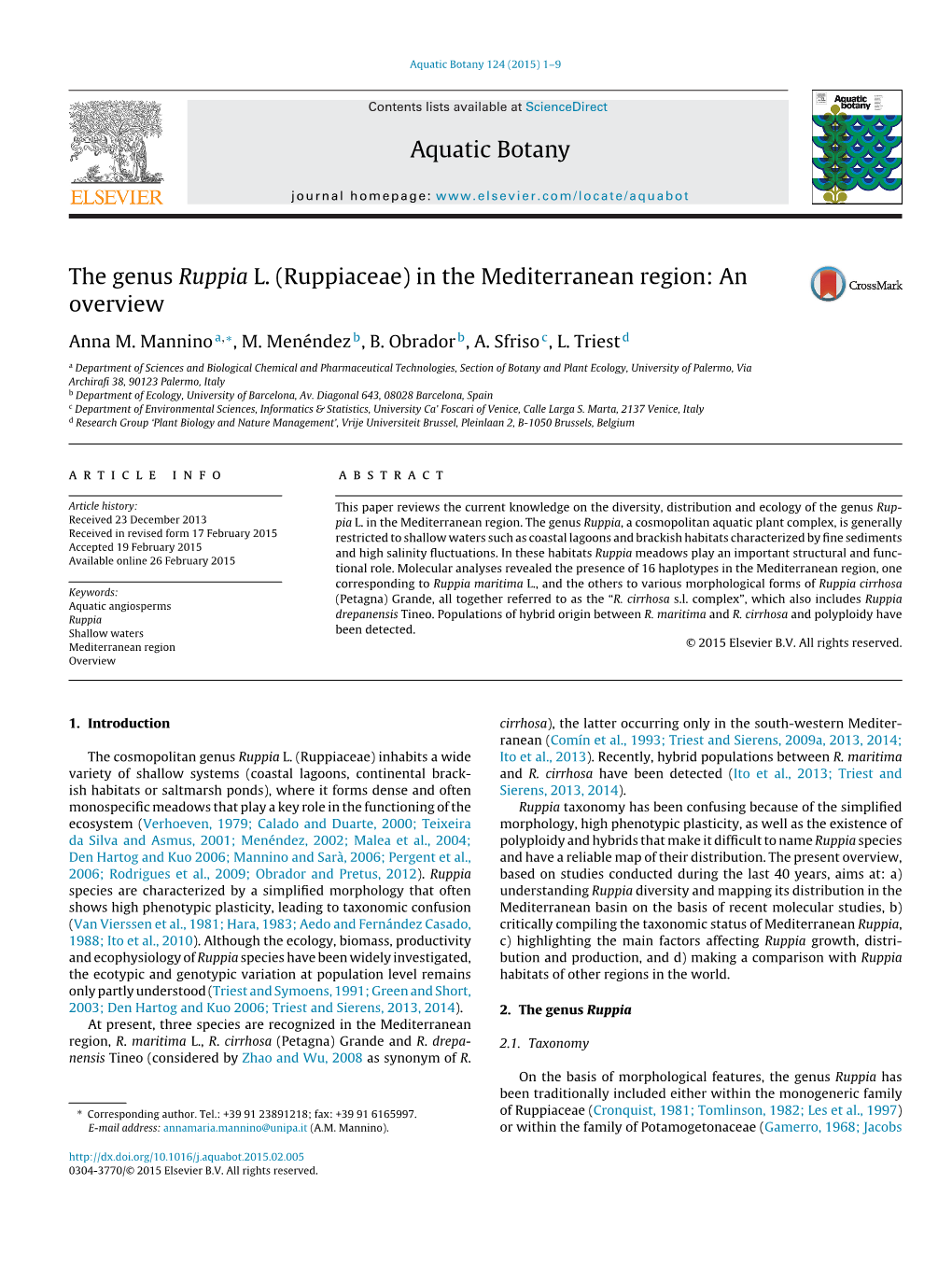 The Genus Ruppia L. (Ruppiaceae) in the Mediterranean Region: an Overview