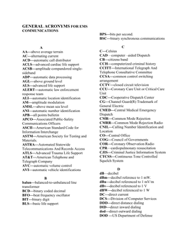 GENERAL ACRONYMS for EMS COMMUNICATIONS BPS—Bits Per Second