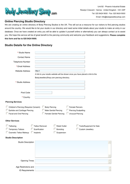 Online Piercing Studio Directory Studio Details for the Online Directory