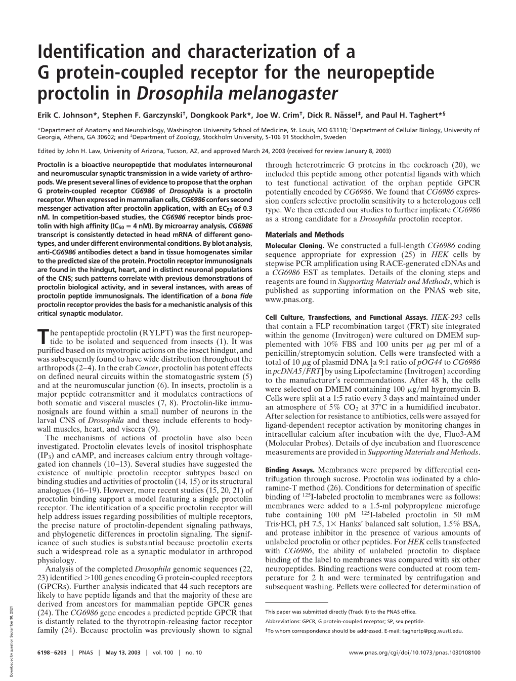 Identification and Characterization of a G Protein-Coupled Receptor for the Neuropeptide Proctolin in Drosophila Melanogaster