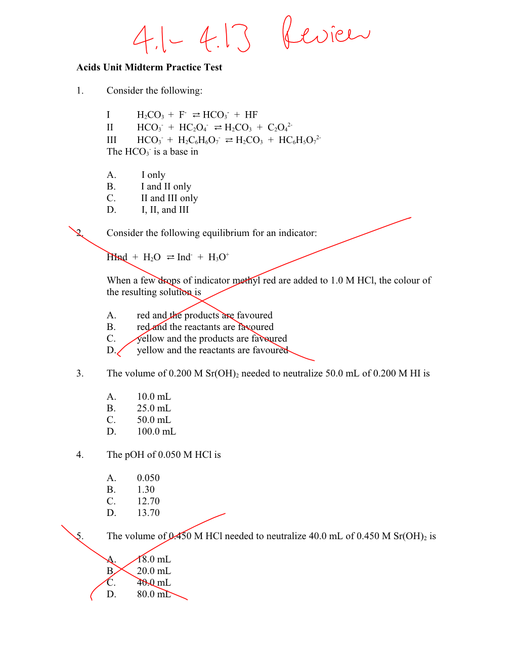 Acids Unit Midterm Practice Test