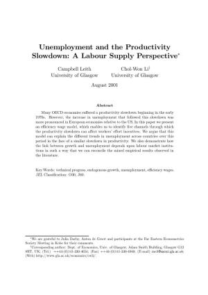 Unemployment and the Productivity Slowdown: a Labour Supply Perspective∗