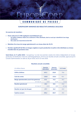 Europacorp Annonce Ses Resultats Annuels 2015/2016