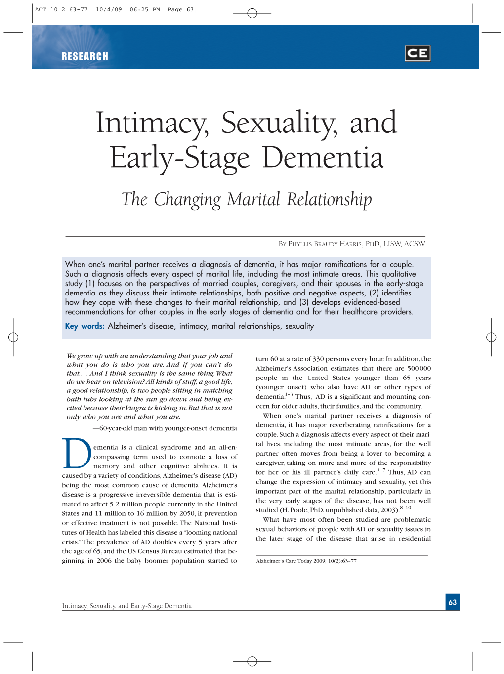 Intimacy, Sexuality, and Early-Stage Dementia the Changing Marital Relationship