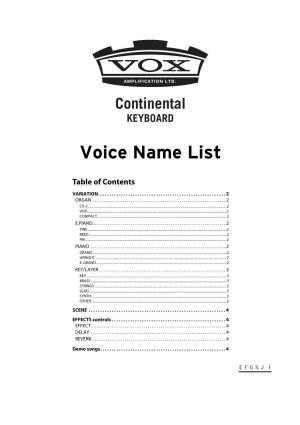 Vox Continental Voice Name List