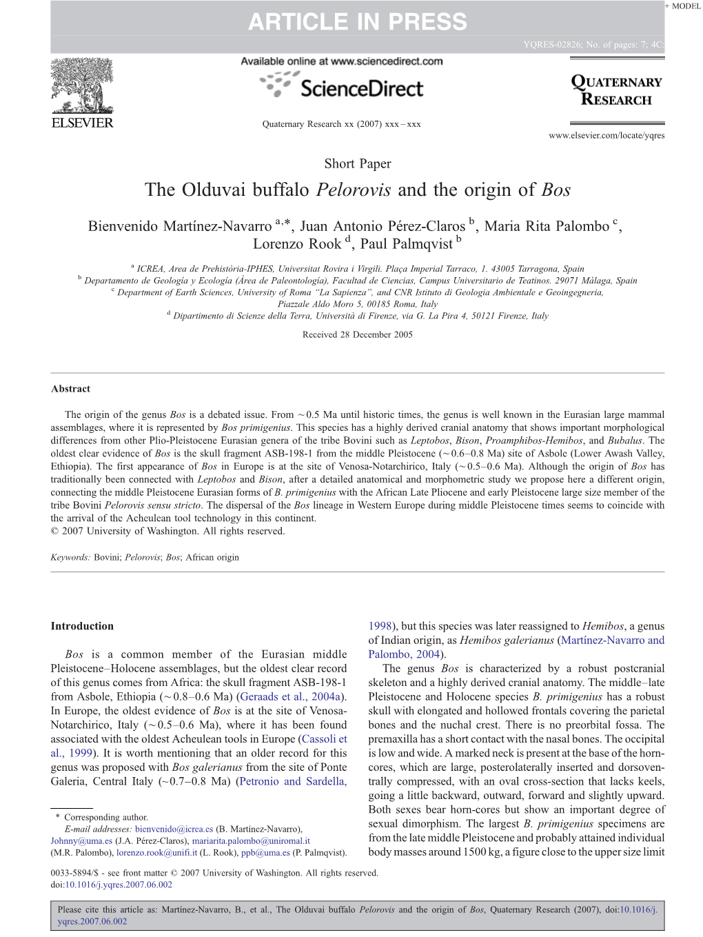 Olduvai Buffalo Pelorovis and the Origin of Bos ⁎ Bienvenido Martínez-Navarro A, , Juan Antonio Pérez-Claros B, Maria Rita Palombo C, Lorenzo Rook D, Paul Palmqvist B