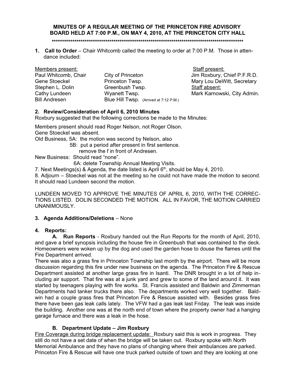 Minutes of a Regular Meeting of the Princeton Fire Advisory Board s1