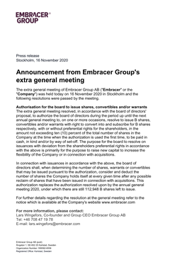Announcement from Embracer Group's Extra General Meeting