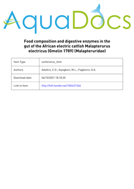 Food Composition and Digestive Enzymes in the Gut of the African Electric Catfish Malapterurus Electricus (Gmelin 1789) (Malapteruridae)