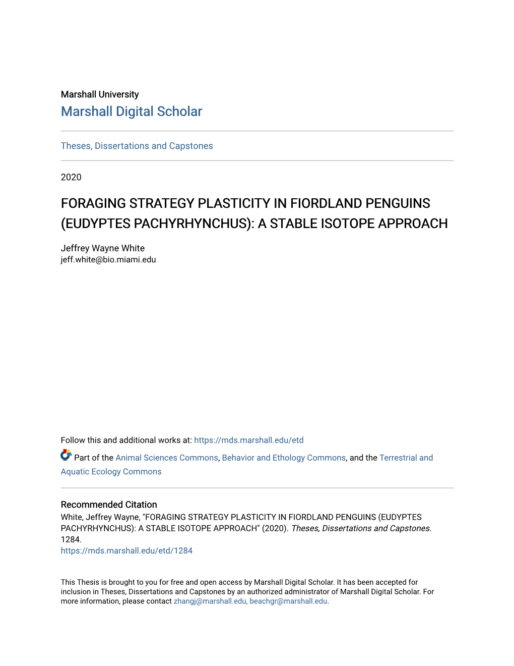 Foraging Strategy Plasticity in Fiordland Penguins (Eudyptes Pachyrhynchus): a Stable Isotope Approach