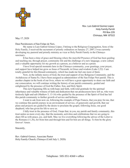 Archdiocese of Santa Fe; I Have Been Assigned As Administrator of the San Felipe Neri Parish