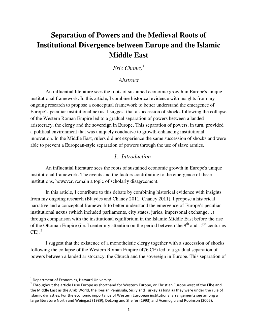 Separation of Powers and the Medieval Roots of Institutional Divergence Between Europe and the Islamic Middle East